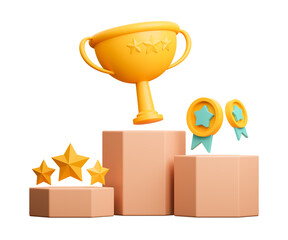 Winners on podium with golden cup, Gold coins for second, and gold stars for third, place winning prizes on ceremony pedestal cartoon style. 3d render illustration. on white background.