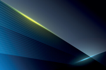 Unusual beautiful horizontal abstract background, banner or screensaver with a dark gray gradient background and dark blue, light green and light blue gradient lines on it. glowing lines, flashes of
