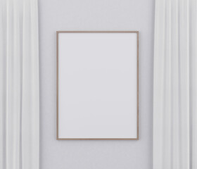 wooden frame mock up or blank close up on white wall and curtain background. frame mockup. 3d illustration