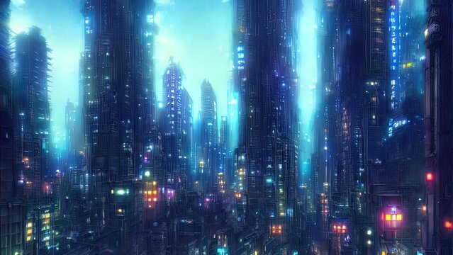 Abstract night neon city, skyscrapers, neon light, signboards, lights, reflection. Futuristic modern street background. Dark street. 3D illustration © Terablete