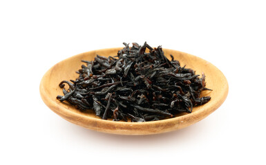 seaweed sargassum fusiforme or Hijiki seaweed in wood plate isolated on white background                                 