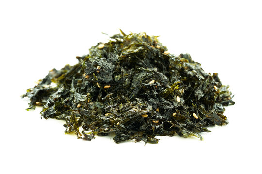 roasted nori seaweed and sesame topping isolated on white background. nori laver seaweed crispy isolated on white background. Gim, laver, nori, isolated                                              