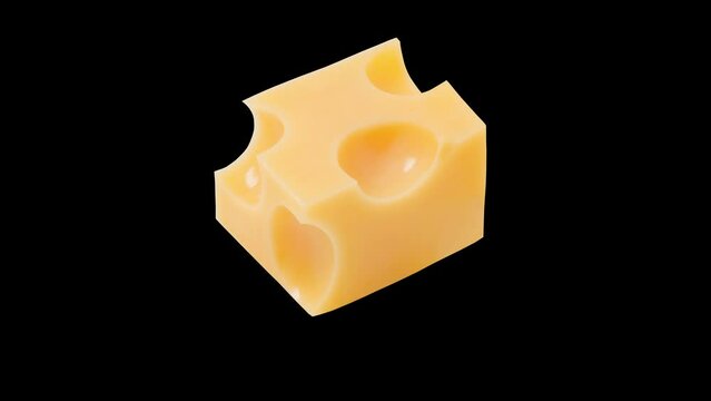 Maasdam, one cube of cheese with holes, isolated on black background falling, flying, close-up macro.
