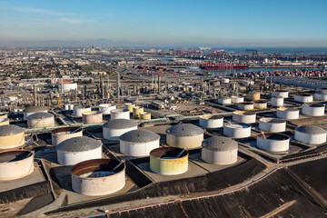 Aerial view Industrial oil refinery gasoline storage tanks