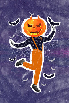 Photo artwork minimal picture of funky funny guy devil pumpkin instead of head isolated drawing background