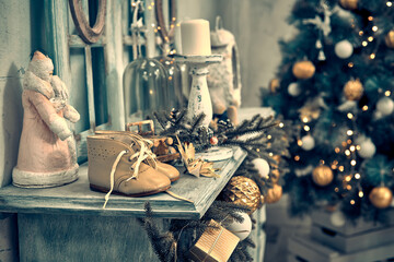 Merry Christmas and Happy Holidays. A beautiful living room decorated for Christmas in the retro style.