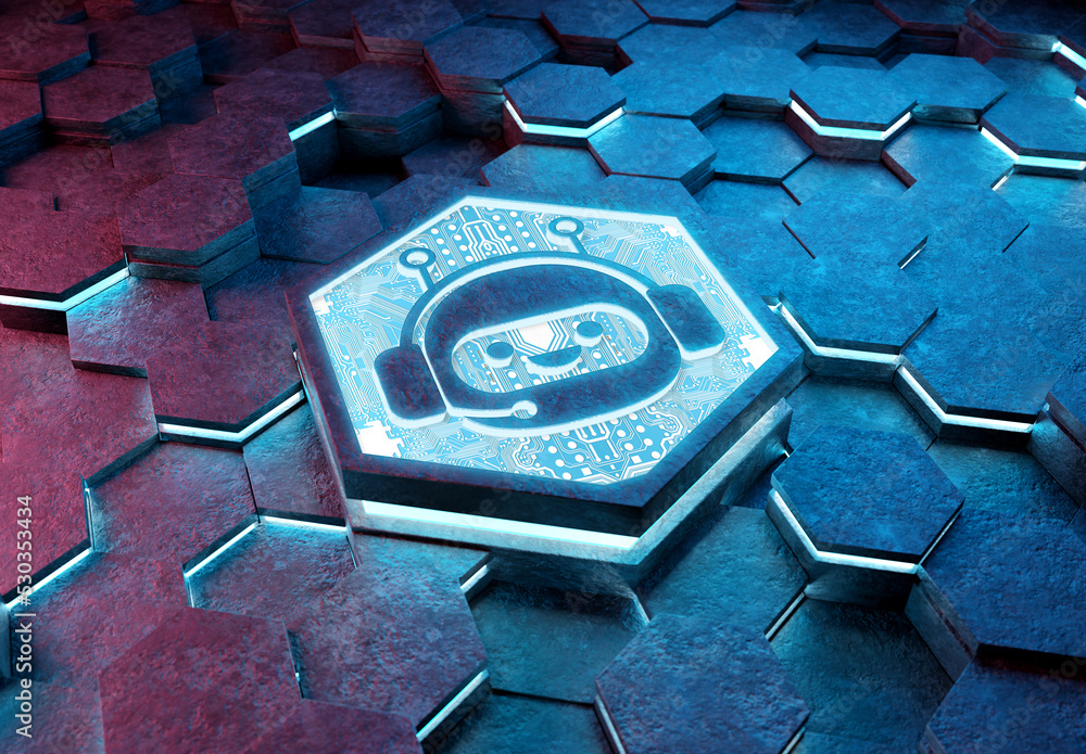 Aufkleber Chatbot icon concept engraved on metal hexagonal pedestral background. Chat bot assistance logo glowing on abstract digital surface. 3d rendering