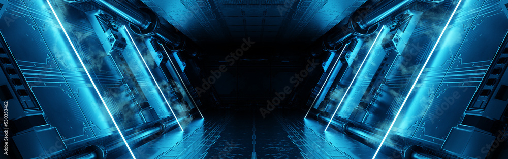 Aufkleber blue spaceship interior with neon lights on panel walls. futuristic corridor in space station backgr