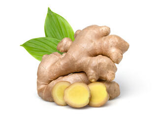 Close up, Fresh ginger rhizome with sliced and green leaves isolated on white background