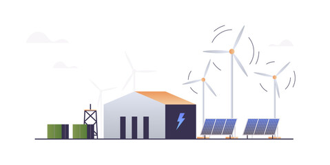 Obraz premium Green industrial factory with renewable energy and wind electricity generators concept flat vector illustration.