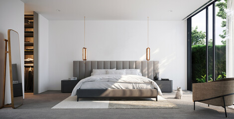 Frontal view of modern bedroom, side lighting 3d rendering
