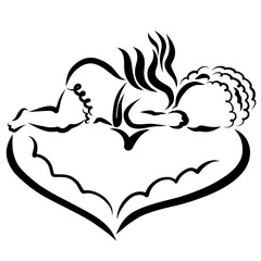 cute winged baby sleeping on a big heart, black outline with frame on white background