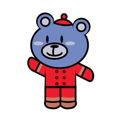 cartoon kawaii blue teddy bear in red winter clothes,  illustration