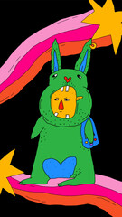 vertical christmas card 2023.Pink rabbit with fireworks.A man dressed as a bunny for the new year.1970 psychedelic style. Hippie and groovy hand drawn. 80s social poster.Modern naive art character	