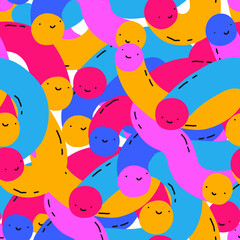 Vector seamless pattern - 1970s psychedelic aesthetic emoticons.Y2k 1990 nostalgia. Funky and groovy dudes.Vibrant rainbow retro ornament.Wrap paper, bullet journal cover.	