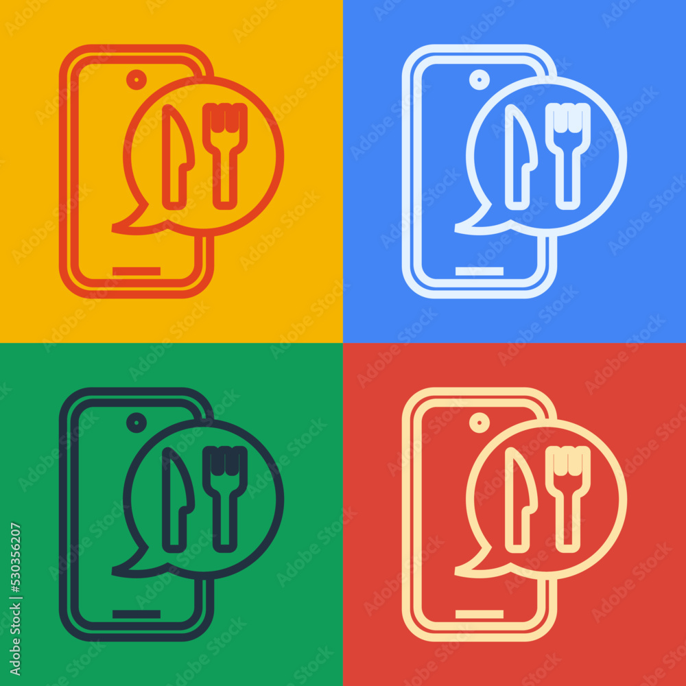 Poster pop art line online ordering and fast food delivery icon isolated on color background. burger sign. 