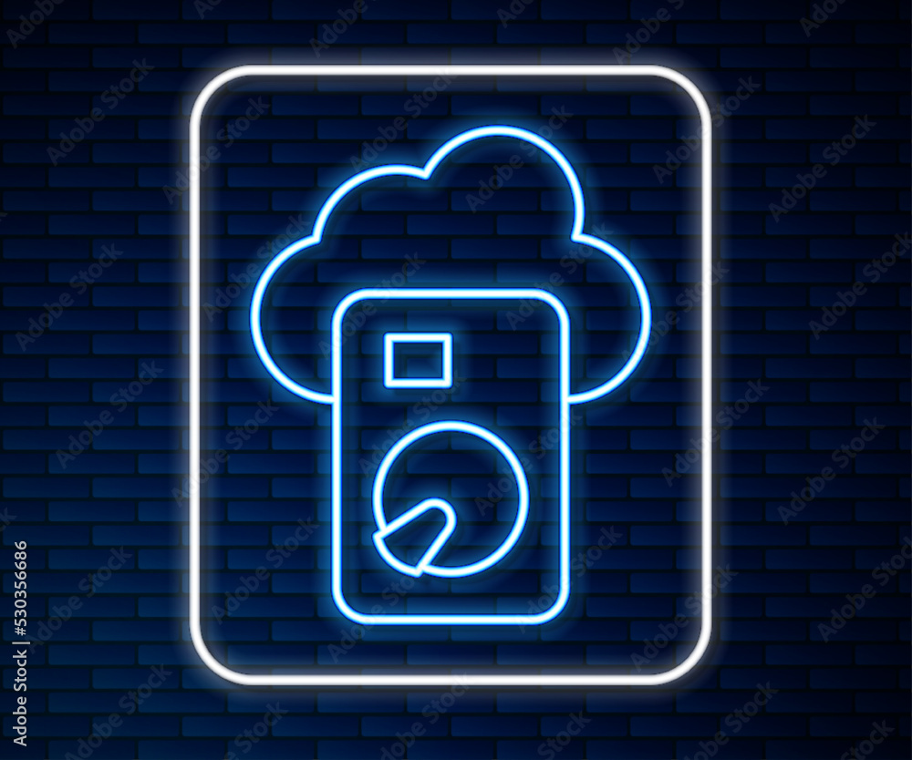 Poster glowing neon line cloud database icon isolated on brick wall background. cloud computing concept. di