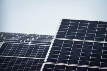 Solar panels in solar power plant in Germany Bavaria. Renewable energy through solar panels to generate clean energy. Green electricity.
