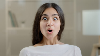 Emotional surprised female face arabic 20s young girlfriend millennial pretty ethnic woman student...