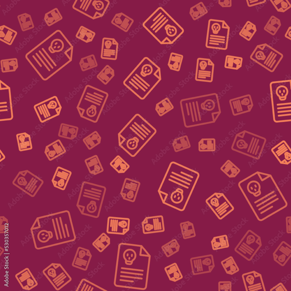 Poster brown line radiation warning document icon isolated seamless pattern on red background. text file. v