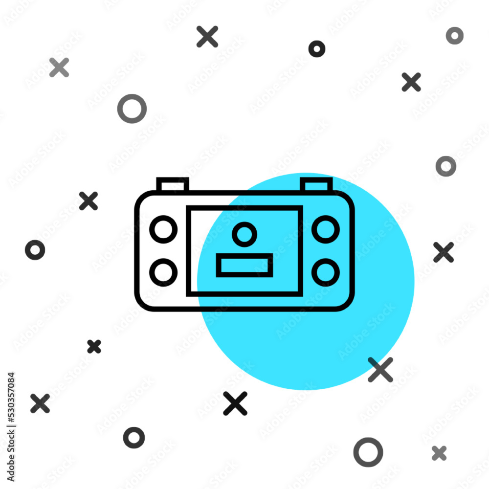 Poster black line portable video game console icon isolated on white background. handheld console gaming. r