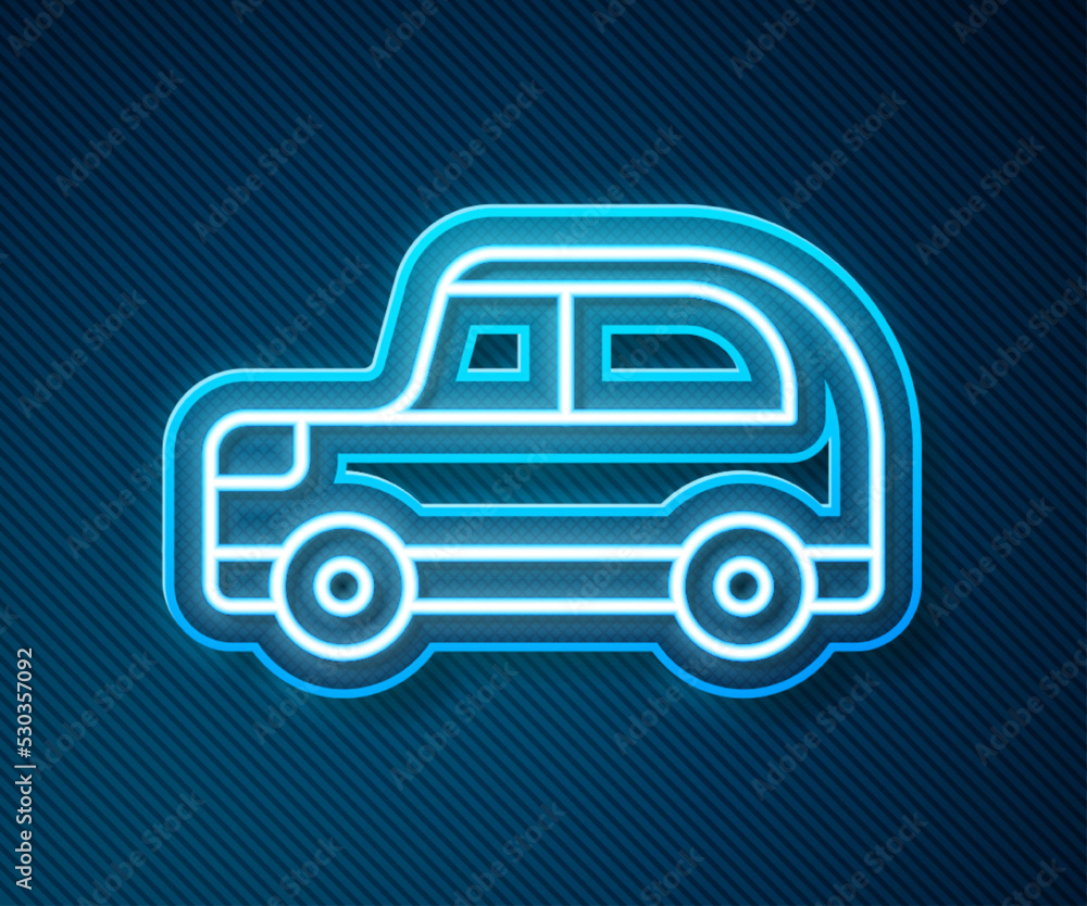 Wall mural glowing neon line car icon isolated on blue background. vector