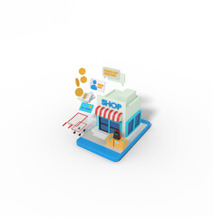 3d Illustration of online shop building in phone