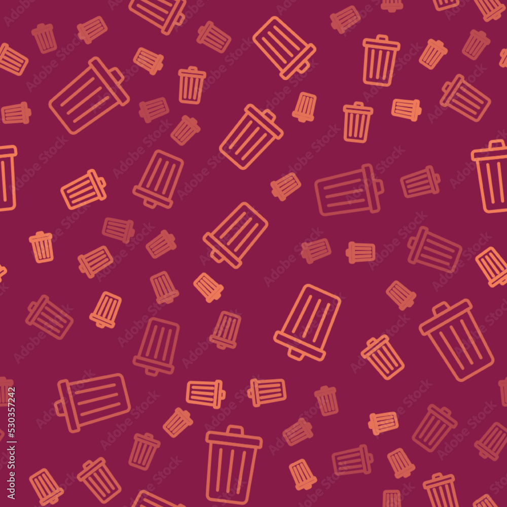 Poster brown line trash can icon isolated seamless pattern on red background. garbage bin sign. recycle bas