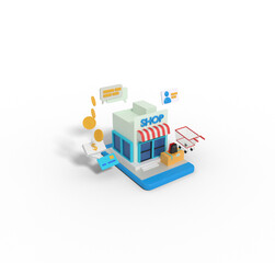 Obraz premium 3d Illustration of online shop building in phone