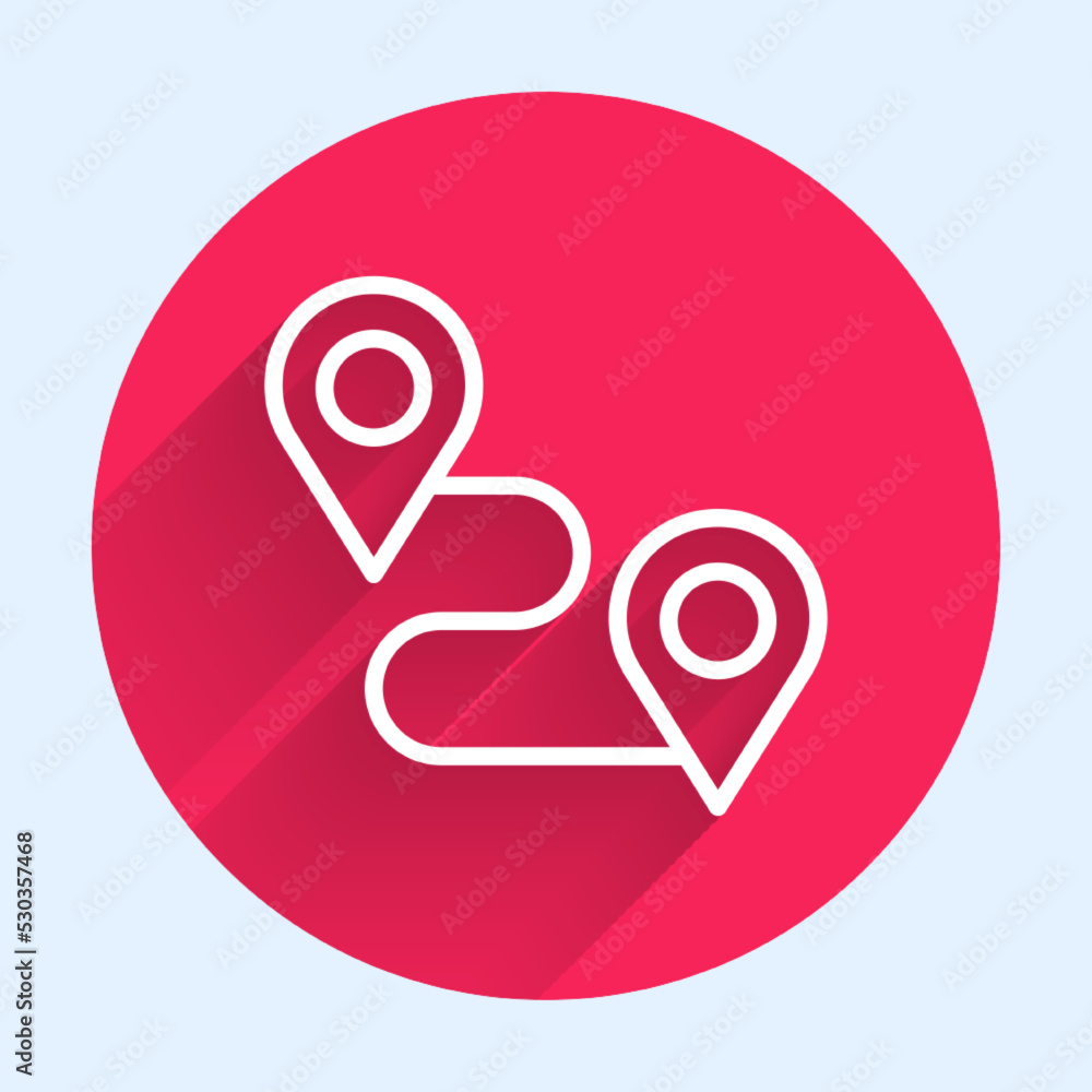 Poster white line route location icon isolated with long shadow background. map pointer sign. concept of pa