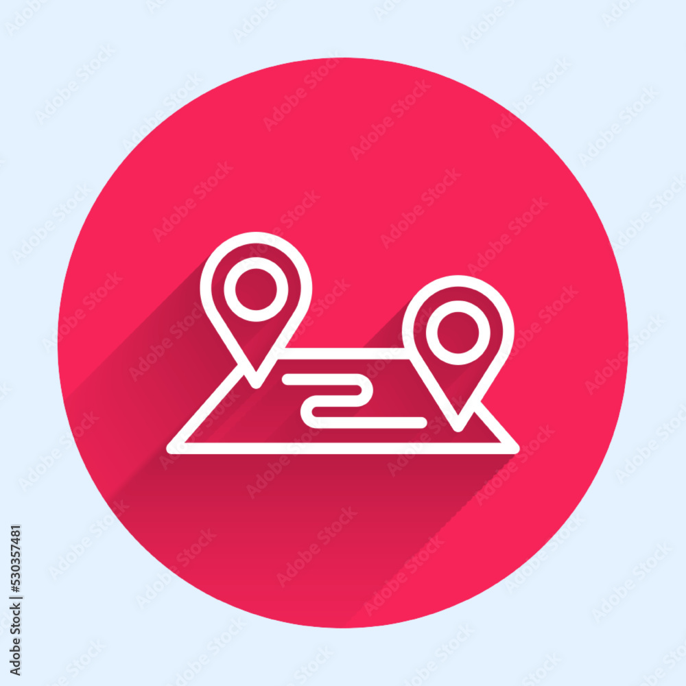 Poster white line route location icon isolated with long shadow background. map pointer sign. concept of pa