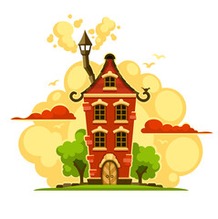 Fairy-tale house over sunset clouds PNG - obrazy, fototapety, plakaty