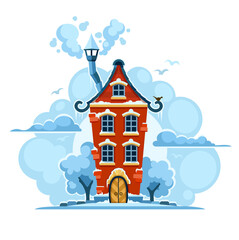 Winter fairy-tale house in snow with clouds PNG