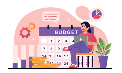 Analyzing budget web. Young girl with laptop next to calendar analyzes income and expenses. Accounting for funds and savings. Financial literacy and economics. Cartoon flat vector illustration