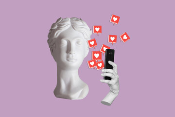 Antique statue's head holding mobile phone with like symbols from social networks on purple color...