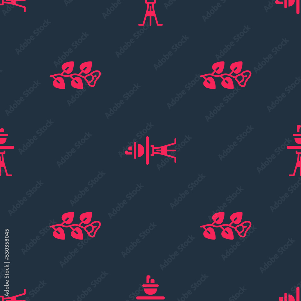 Poster set ivy branch and plant in pot on table on seamless pattern. vector