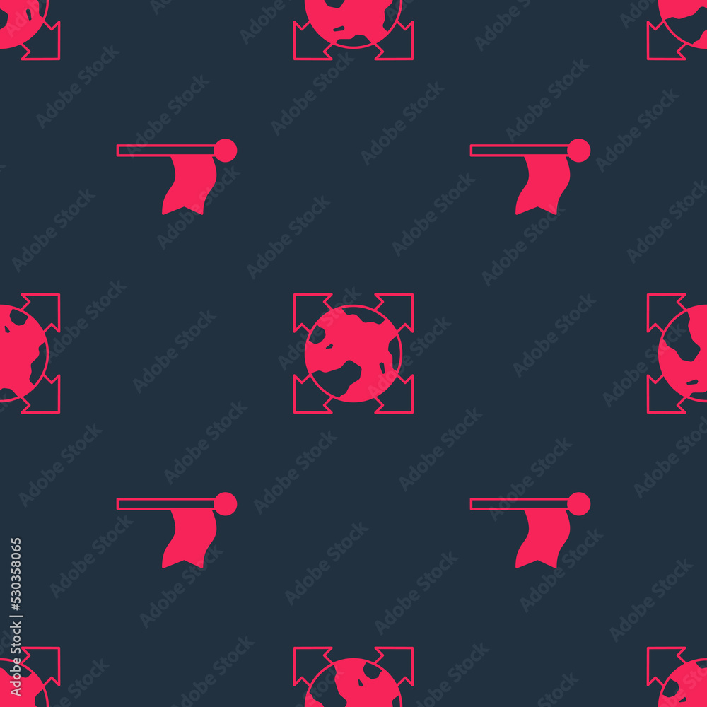 Poster set location marker and world globe with compass on seamless pattern. vector