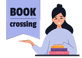 Bookcrossing day banner. Concept of exchange books, education, reading, development. Isolated vector illustration.