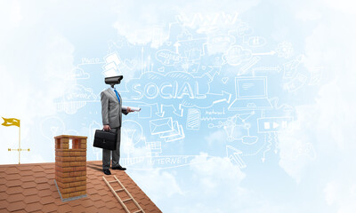Concept of home security and privacy protection with camera headed man
