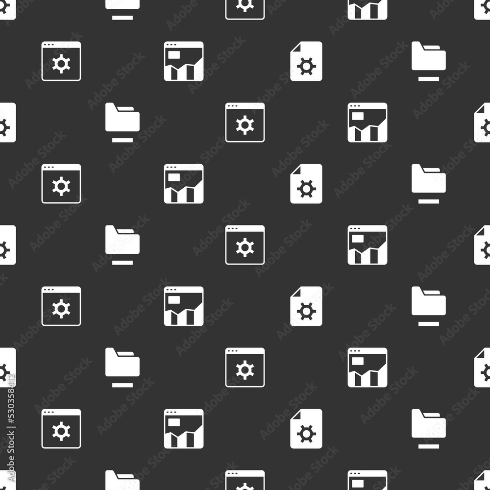 Aufkleber set document settings, folder, browser and graph chart infographic on seamless pattern. vector