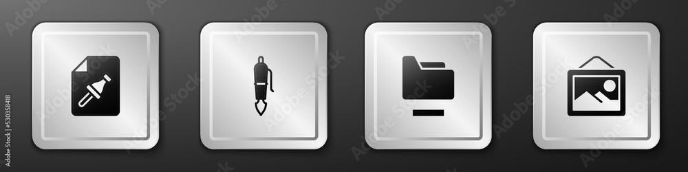 Poster set note paper with push button, fountain pen nib, document folder and picture landscape icon. silve