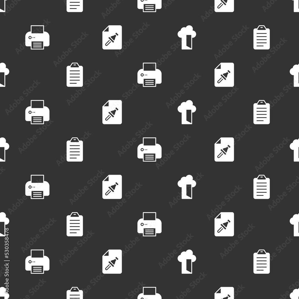 Poster set cloud database, to do list or planning, printer and note paper with push button on seamless patt