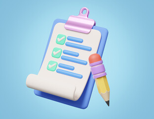 3d Checklist and pencil on blue background. Confirmed or approved document icon. Beige clipboard with paper sheets with check marks symbol. Cartoon icon minimal style. 3d render with clipping path.