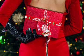 Fototapeta na wymiar A woman in a red dress and black gloves holds a Christmas present in front of a decorated Christmas tree. A gift in a red box against the background of a Christmas tree in hands close-up rear view