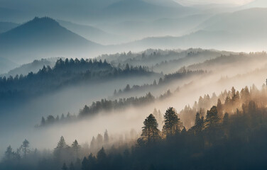 Fototapeta premium Foggy mountain landscape. Fog and cloud mountain tropic valley landscape. Aerial view