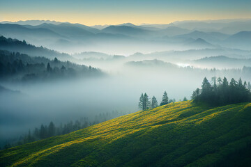 View From Mountains to the Valley Covered with Foggy. Mountains in the fog. Foggy morning Landscape. aerial view