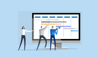 Planning, Scene people concept. Digital online calendar, work tasks, Team work making schedule using calendar. Business and organization, graph, timetable, list. design vector illustration