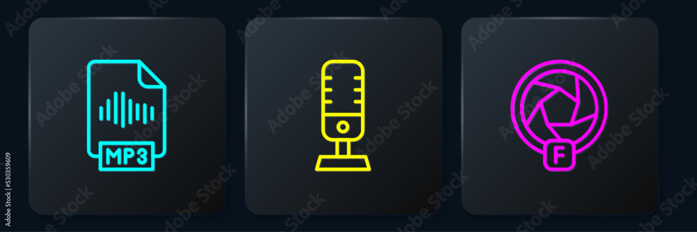 Aufkleber set line mp3 file document, camera shutter and microphone. black square button. vector