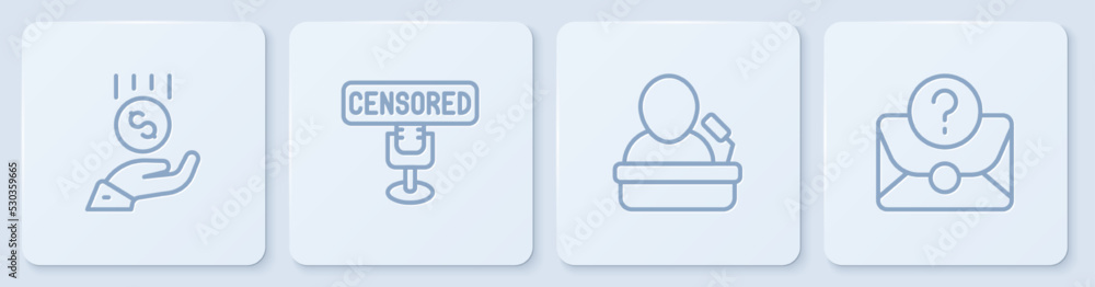 Poster set line coins on hand - minimal wage, speaker, censored stamp and envelope with question mark. whit