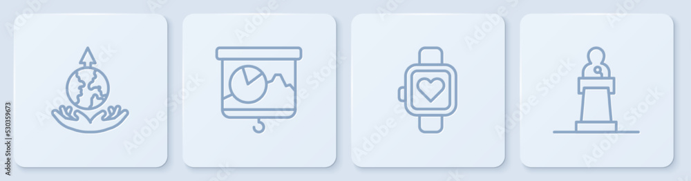 Poster set line world expansion, smart watch, chalkboard with chart and speaker. white square button. vecto